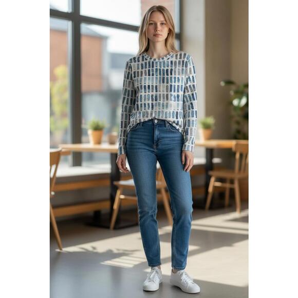 Other - Women's Long Sleeve Color Block Blue and White Patterned Top SX L